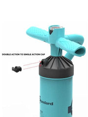 The Liquid Force 2L Standard kite pump supplied with 3 adapters to meet different valves including inflatable SUP types available online through Adrenalised Boardsports.